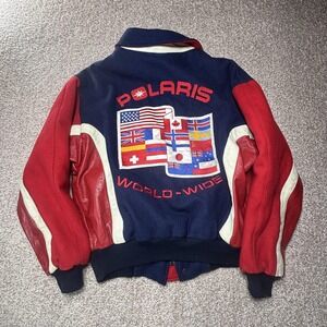 Vintage Polaris Jacket Mens Medium Blue Red Wool Leather Worldwide Flags 80s